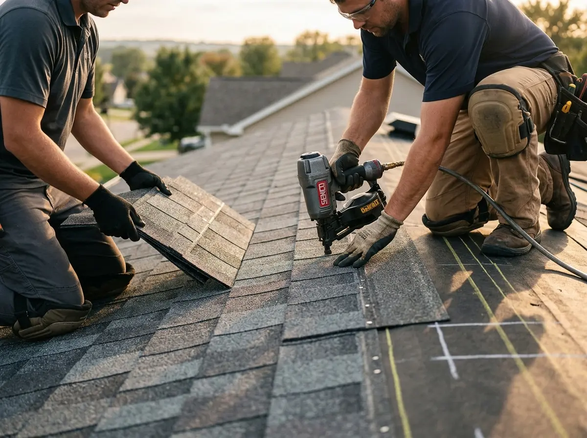 Professional roofer working on a residential roof in West Bradford